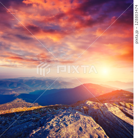 mountains landscape at sunset mountains landscape at sunset 128803474