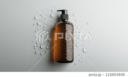 Shampoo or lotion bottle with water splash and droplets around it Shampoo or lotion bottle with water splash and droplets around it 128803600