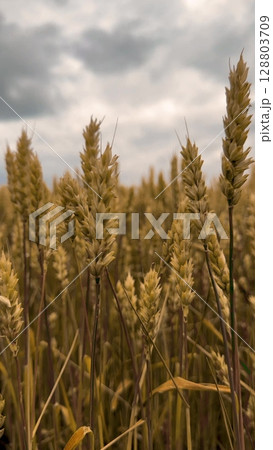 Golden harvest field, endless rows of wheat, rural productivity, sky drama, Rustic wheat field, impending rainstorm, grains at peak ripeness, bucolic essence, Prosperous wheat farm, cloudy horizons Golden harvest field, endless rows of wheat, rural productivity, sky drama, Rustic wheat field, impending rainstorm, grains at peak ripeness, bucolic essence, Prosperous wheat farm, cloudy horizons 128803709