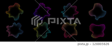 A set of rainbow equalizers made of bursting beams . Radial sound, frequency sound multicolor neon sound waves with light particles. Musical symbol, circular sound waves. Vector radial spectrum. A set of rainbow equalizers made of bursting beams . Radial sound, frequency sound multicolor neon sound waves with light particles. Musical symbol, circular sound waves. Vector radial spectrum. 128803826
