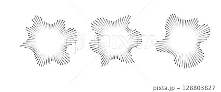 A set of circular equalizers from discontinuous beams . Radial sound, frequency sound waves . Pulsing music design element, voice graphic signal, circular sound waves . Vector radial spectrum. 128803827