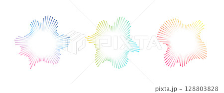 A set of circular multicolor equalizers from bursting rays of musical sound. Radial sound, frequency sound neon waves . Pulsating music design element, circular waves. Vector radial spectrum. 128803828