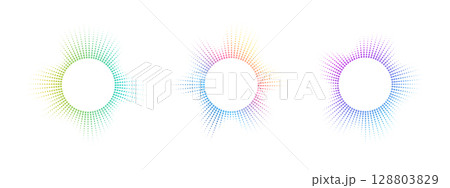 A set of rainbow equalizers made of bursting beams . Radial sound, frequency sound multicolor neon waves. Musical symbol, circular sound waves. Vector radial spectrum. 128803829