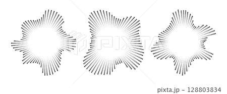 A set of circular multicolor burst ray equalizers . Radial sound, frequency sound neon waves . Pulsing music design element, voice graphic signal, circular sound waves . Vector radial spectrum. 128803834