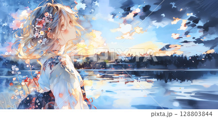 自然の風を満喫している女の子 128803844