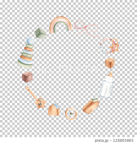 Baby shower wreath, circular frame for a newborn girl. Hand drawn illustration in pastel colors of kids toys and accessories. For greeting birthday cards, gender reveal and its a girl party Baby shower wreath, circular frame for a newborn girl. Hand drawn illustration in pastel colors of kids toys and accessories. For greeting birthday cards, gender reveal and its a girl party 128803865