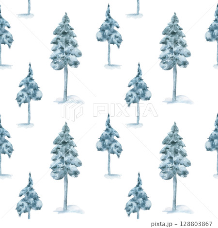 Snowy woodland trees pine and spruce pastel watercolor seamless pattern isolated. Conifers in misty green colors covered snow hand painted. Winter trees endless background for seasonal print, textile. 128803867