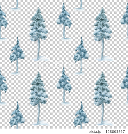 Snowy woodland trees pine and spruce pastel watercolor seamless pattern isolated. Conifers in misty green colors covered snow hand painted. Winter trees endless background for seasonal print, textile. 128803867