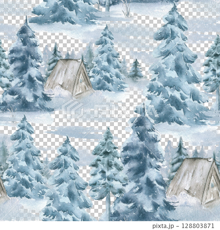 Winter seamless pattern of rustic cabin, snow covered evergreens tree in soft blue tones watercolor isolated. Woodland scene, pine trees hand drawn repeated background for Christmas designs, textile. Winter seamless pattern of rustic cabin, snow covered evergreens tree in soft blue tones watercolor isolated. Woodland scene, pine trees hand drawn repeated background for Christmas designs, textile. 128803871