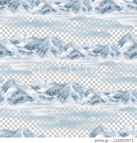 Winter mountain seamless background of delicate snowy peaks and frosty ridges in muted blues watercolor isolated. Minimalist rocky landscape repeat pattern hand drawn for designs Christmas packaging. 128803873