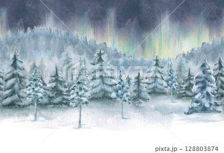 Winter forest with firs under dark starry night sky and northern lights watercolor illustration isolated. Seamless border of snowy spruce trees, aurora drawing for holiday packaging, Christmas design. 128803874
