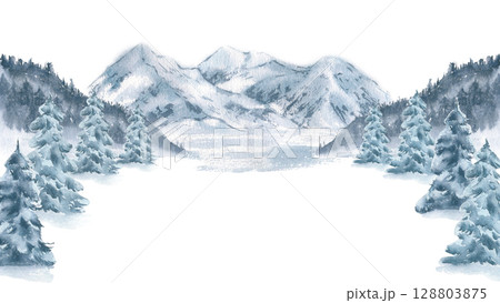 Alpine snow covered spruce and misty mountain peaks in delicate watercolor isolated on white. Winter monochrome landscape scene hand drawn banner with copy space for sports posters, packaging. 128803875
