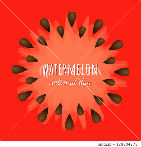 Slice of watermelon with seeds. Red summer background. Watermelon Day. Summer watermelon background. Vector illustration. Design card, brochure, cover, wallpaper. Slice of watermelon with seeds. Red summer background. Watermelon Day. Summer watermelon background. Vector illustration. Design card, brochure, cover, wallpaper. 128804278