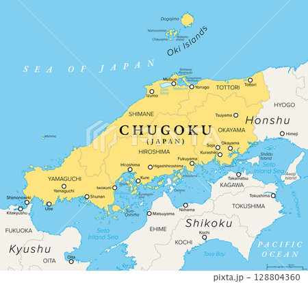 Chugoku region in Japan, political map. Also known as Sanin-Sanyo region, the westernmost region of Honshu, consisting of the prefectures of Hiroshima, Okayama, Shimane, Tottori, and Yamaguchi. Vector 128804360