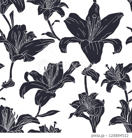 Monochrome vintage seamless pattern with hand drawn lily flowers black silhouette on white background Monochrome vintage seamless pattern with hand drawn lily flowers black silhouette on white background 128804522