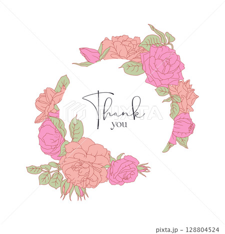 Hand drawn line art retro palette pink rose flowers round frame and text thank you Hand drawn line art retro palette pink rose flowers round frame and text thank you 128804524