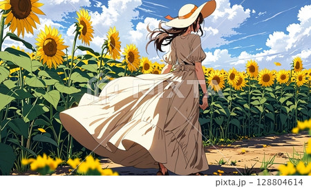 ひまわり畑に立つ女性 128804614