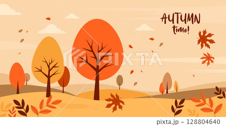 Autumn time. Autumnal landscape with trees and falling leaves poster. Minimal fall horizontal background. Vector illustration. Perfect for seasonal web banners. Not AI 128804640
