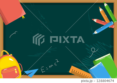 school themed template with green chalkboard, yellow backpack, books, colorful pencils, and red apple. Vector illustration for education and school design projects school themed template with green chalkboard, yellow backpack, books, colorful pencils, and red apple. Vector illustration for education and school design projects 128804674