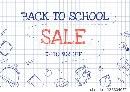 Back to school sale banner with hand-drawn school supplies on checkered paper background. Vector illustration with discount text and outlined education elements 128804675