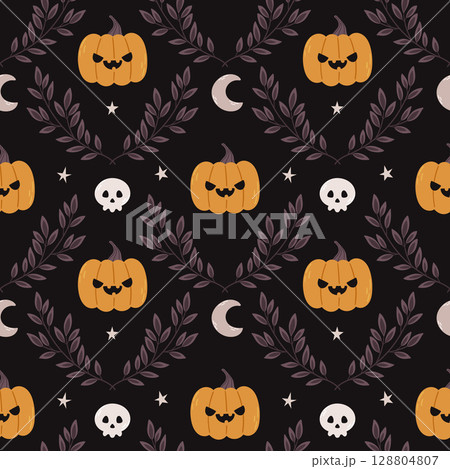 Seamless Halloween pattern with angry pumpkins, skulls, stars, crescent moons and purple branches on dark background. 128804807