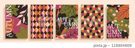 Set of modern Autumn cards with fall leaves and geometric shapes.Fall themed covers.Simple geometric patterns.Template for design,print.Vertical banners,flyers,social media,web,ads,promo,covers.Vector 128804809