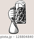 Hand raises a dimpled glass of beer. A foamy big stein mug of beer. Design concept for beer fest Oktoberfest. Vector retro vintage line art illustration in woodcut engraving style. Drawn by human 128804840