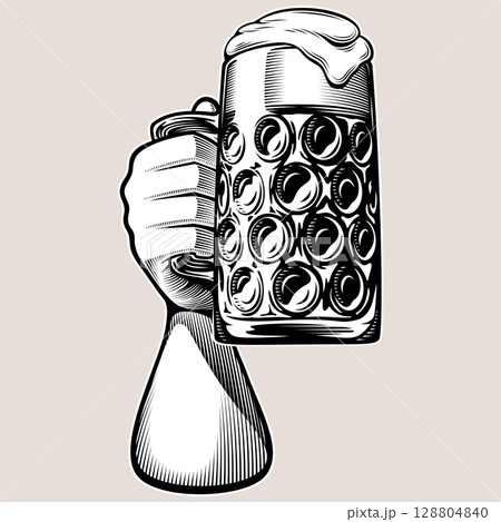 Hand raises a dimpled glass of beer. A foamy big stein mug of beer. Design concept for beer fest Oktoberfest. Vector retro vintage line art illustration in woodcut engraving style. Drawn by human 128804840