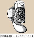 Glass of frothy beer raised upwards. Toasting with a large mug of ale. Vector illustration for pub or brewery design. Hand drawn by human in engraving, etching, woodcut, ink, retro vintage style 128804841