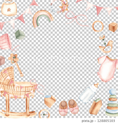 Baby girl Frame with Toys, clothes and cradle. Baby Shower border. Hand drawn watercolor illustration in pastel colors. For newborn greeting cards, invitations, gender reveal party. 128805103