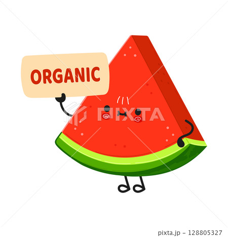 A cheerful watermelon slice proclaims it s organic and fresh in a fun cartoon illustration. 128805327