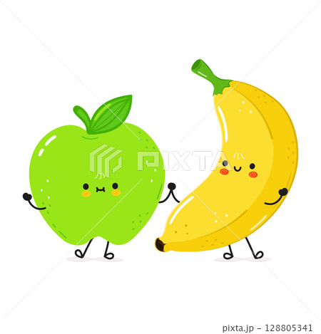 This delightful cartoon features a smiling apple and banana enjoying a friendly embrace. 128805341