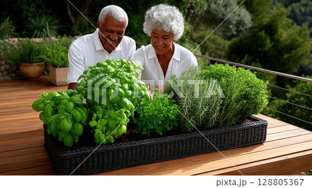 Happy elderly couple tending to an herb garden on a sunny day. Happy elderly couple tending to an herb garden on a sunny day. 128805367
