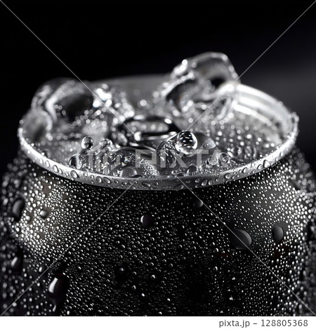 A close-up of a cold soda can, covered in condensation, against a black backdrop. A close-up of a cold soda can, covered in condensation, against a black backdrop. 128805368