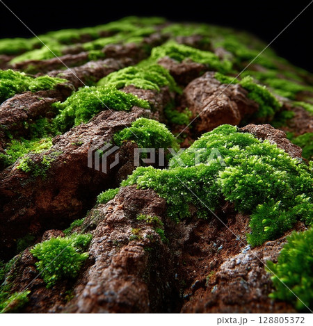 A detailed macro shot showcases vibrant green moss thriving on weathered rock surfaces. 128805372
