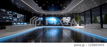 A sleek and modern control room filled with advanced technology and panoramic views. 128805403