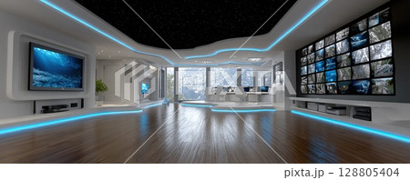 Futuristic control room with multiple screens and digital display in a modern interior. 128805404