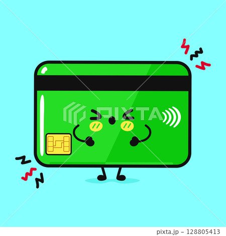A cartoon credit card expressing emotion with contactless payment features on a blue background. 128805413