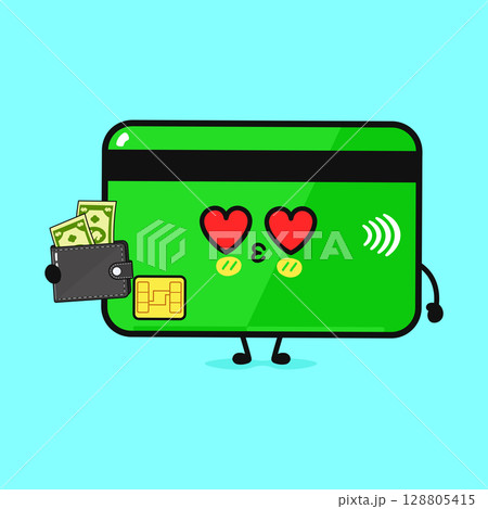 A cute credit card character with heart eyes, holding a wallet full of money. A cute credit card character with heart eyes, holding a wallet full of money. 128805415
