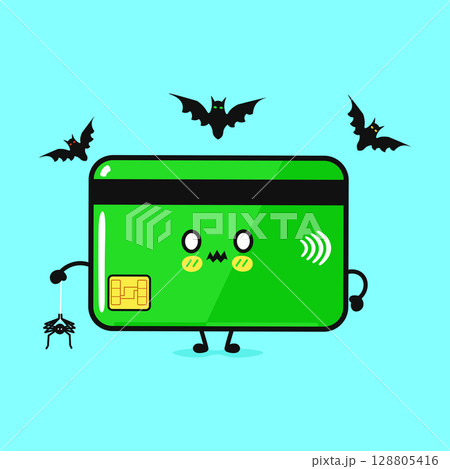 A cute credit card character, bats, and a spider create a fun Halloween scene. A cute credit card character, bats, and a spider create a fun Halloween scene. 128805416