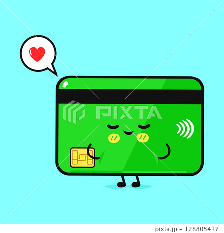 A charming credit card character expresses love, ideal for financial concepts and design. 128805417