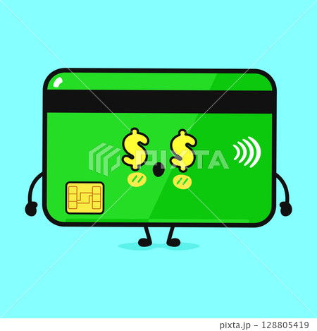 A cute cartoon credit card character, expressing a smile with dollar sign eyes. A cute cartoon credit card character, expressing a smile with dollar sign eyes. 128805419