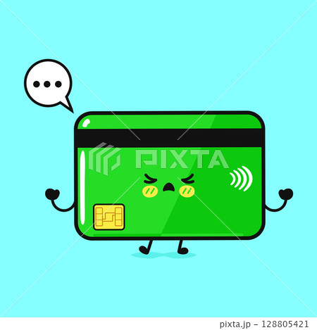A cute and unhappy green credit card cartoon with a thought bubble. 128805421