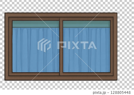 Indoor illustration of sliding window and curtains (wooden frame, blue curtains, for residential use) 128805448