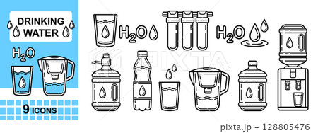 Water H2O drink, liquid aqua drinking clean filtration system, plastic gallon bottle, jug filter and glass, cooler dispenser icon. Health food. Mineral beverage. Rain, humidity. Hygiene wash vector Water H2O drink, liquid aqua drinking clean filtration system, plastic gallon bottle, jug filter and glass, cooler dispenser icon. Health food. Mineral beverage. Rain, humidity. Hygiene wash vector 128805476