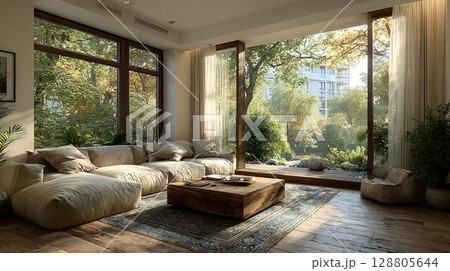 緑に囲まれた開放的なリビングルーム 緑に囲まれた開放的なリビングルーム 128805644