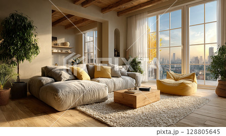 夕陽に照らされる温もりあるリビングルーム 夕陽に照らされる温もりあるリビングルーム 128805645