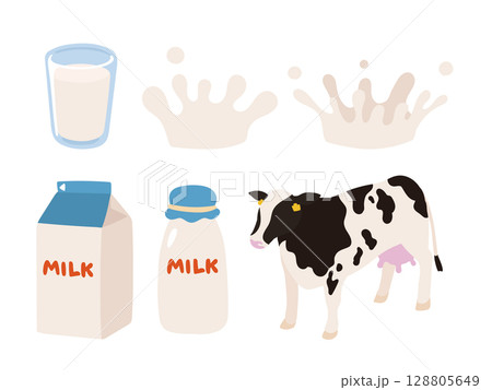 牛と牛乳のシンプルなイラストのセット 128805649