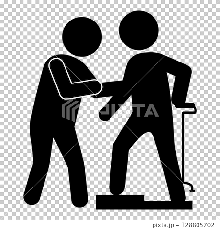 Pictogram of a caregiver supporting an elderly person over a step 128805702