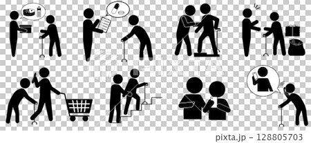 A pictogram set depicting situations for supporting elderly people A pictogram set depicting situations for supporting elderly people 128805703